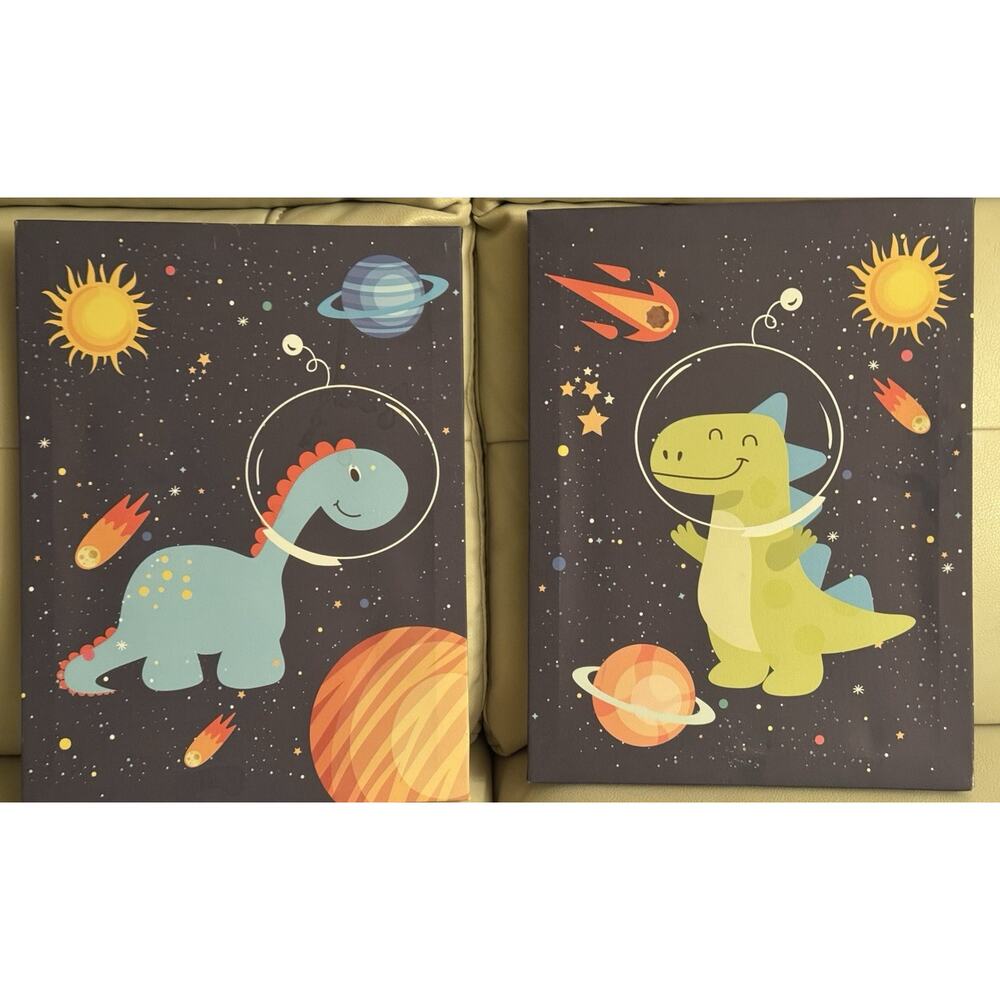 Modern Cartoon Dinosaur Space Canvas Wall Prints Set, 16x12 in, Kids Room